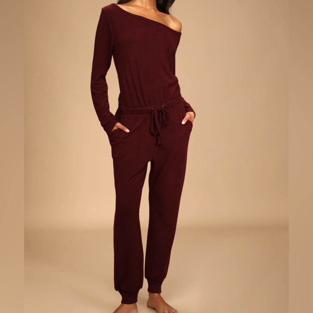 Lulus Burgundy off the shoulder lounge jumpsuit